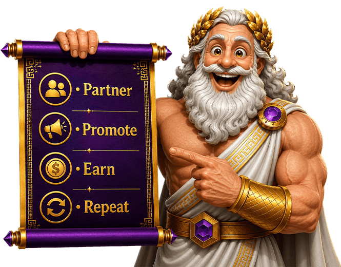 King Midas with partner, promote, earn, repeat board and gold coins