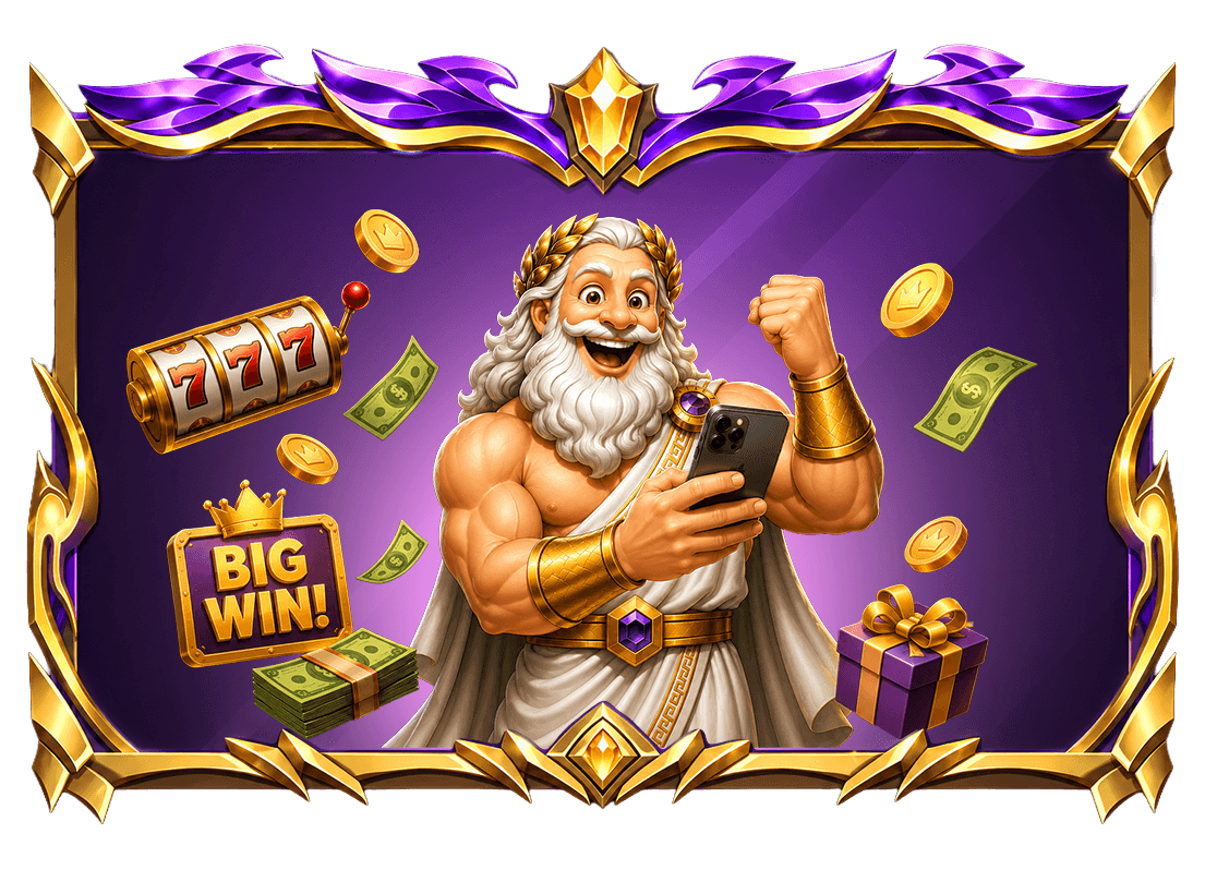 Midas Jackpots character with gift box, gold GC coins and green SC coins